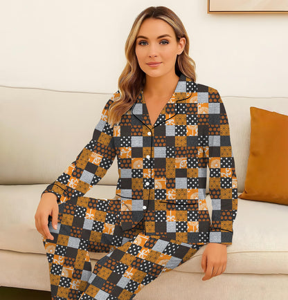 Plaid Patchwork Halloween Pajamas Set, Black Orange Cozy Sleepwear, Cute Spooky Night Lounge Set, Spooky Season Gift