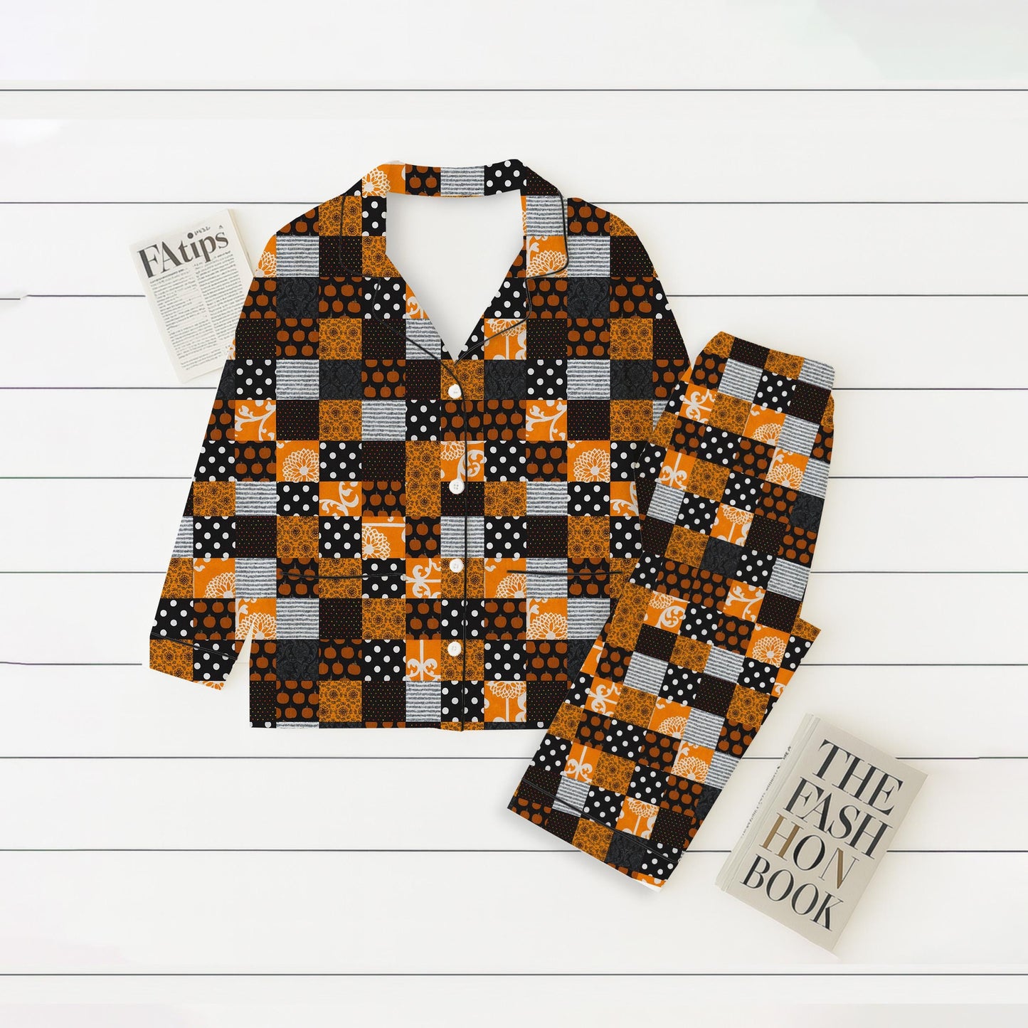 Plaid Patchwork Halloween Pajamas Set, Black Orange Cozy Sleepwear, Cute Spooky Night Lounge Set, Spooky Season Gift