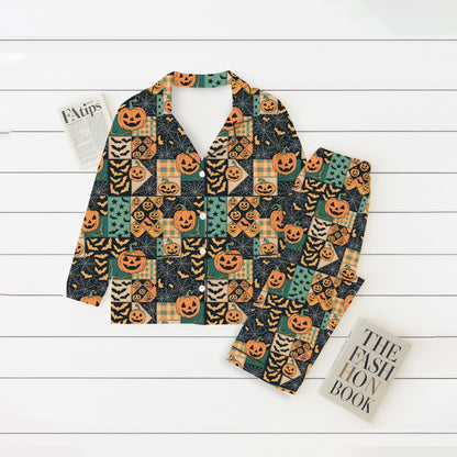 Halloween Pumpkin Patchwork Pajamas Set, Pumpkin Bat Sleepwear, Halloween Pattern Homewear, Spooky Season Gift