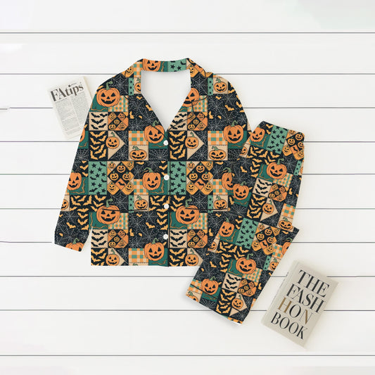 Halloween Pumpkin Patchwork Pajamas Set, Pumpkin Bat Sleepwear, Halloween Pattern Homewear, Spooky Season Gift