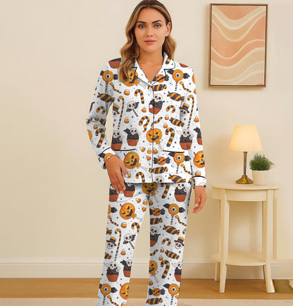 Halloween Candy Pumpkin Skull Cake Pajamas Set, Halloween Pattern Sleepwear, Spooky Homewear, Cozy Loungewear, Spooky Season Gift
