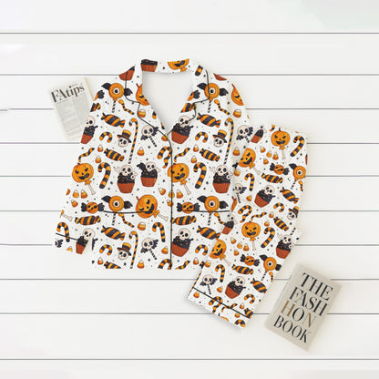 Halloween Candy Pumpkin Skull Cake Pajamas Set, Halloween Pattern Sleepwear, Spooky Homewear, Cozy Loungewear, Spooky Season Gift