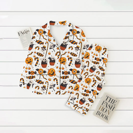 Halloween Candy Pumpkin Skull Cake Pajamas Set, Halloween Pattern Sleepwear, Spooky Homewear, Cozy Loungewear, Spooky Season Gift