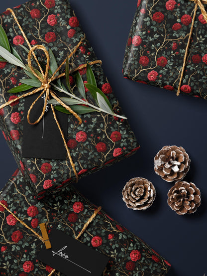 Dark Floral Wrapping Paper Rose Gift Wrap Botanical Flower Print Wedding Gift Wrapping Paper Roll Moody Flower Art Romantic Gift for Her