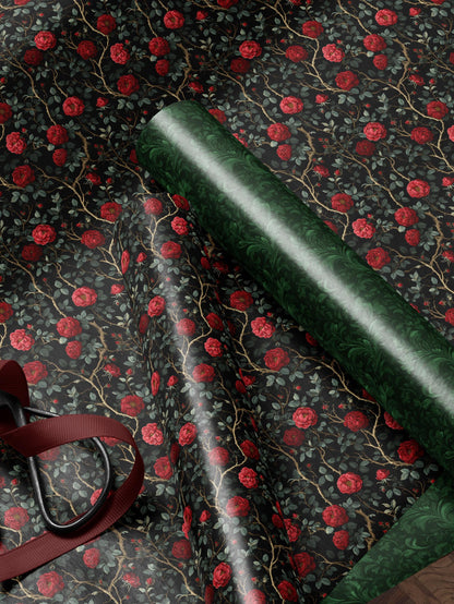 Dark Floral Wrapping Paper Rose Gift Wrap Botanical Flower Print Wedding Gift Wrapping Paper Roll Moody Flower Art Romantic Gift for Her