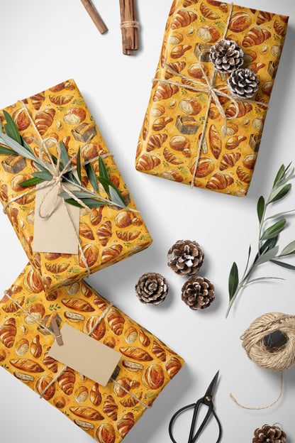 Farmers Market Wrapping Paper Roll Rustic Farmhouse Baguettes and Croissants Pastry Design Eco Country Kitchen Gift Wrap #84