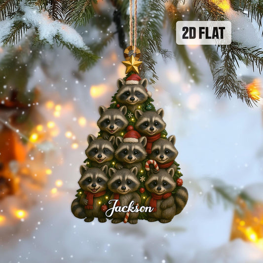 Personalized Racoon 2D Flat Ornament, Racoon Rearview Mirror Car Accessories, Racoon Christmas Tree Ornament, Christmas Racoon Lover Gifts