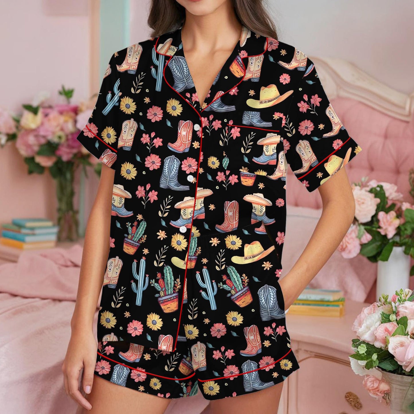 Western Boots Pajama Set, Rodeo Sleepwear, Southwestern Cactus Loungewear Set, Country Boots  Pajamas, Cowboy Boots Pjs, Western Floral