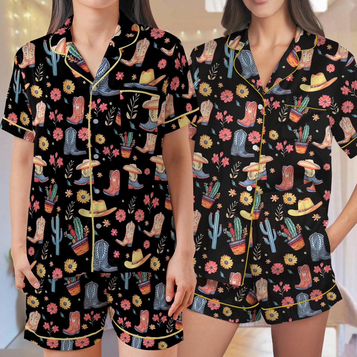 Western Boots Pajama Set, Rodeo Sleepwear, Southwestern Cactus Loungewear Set, Country Boots  Pajamas, Cowboy Boots Pjs, Western Floral