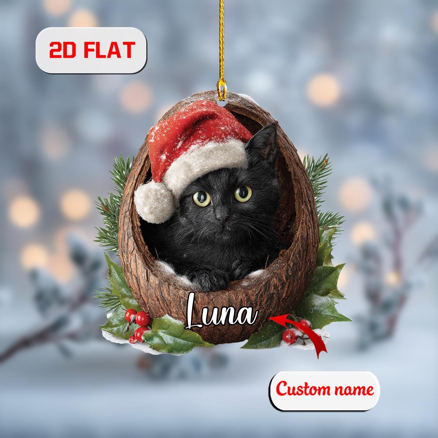 Custom 2D Cat Ornament – Personalized Black Kitten in Christmas Nest Acrylic Decoration, Cute Pet Lover Gift, Unique Holiday Keepsake 2025
