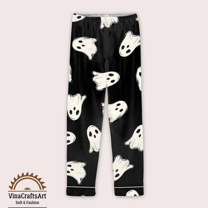 Halloween Ghost Pajamas Set, Spooky Cute Sleepwear for Women, Black Ghost Loungewear, Cozy Fall PJ Gift for Her, Halloween Aesthetic