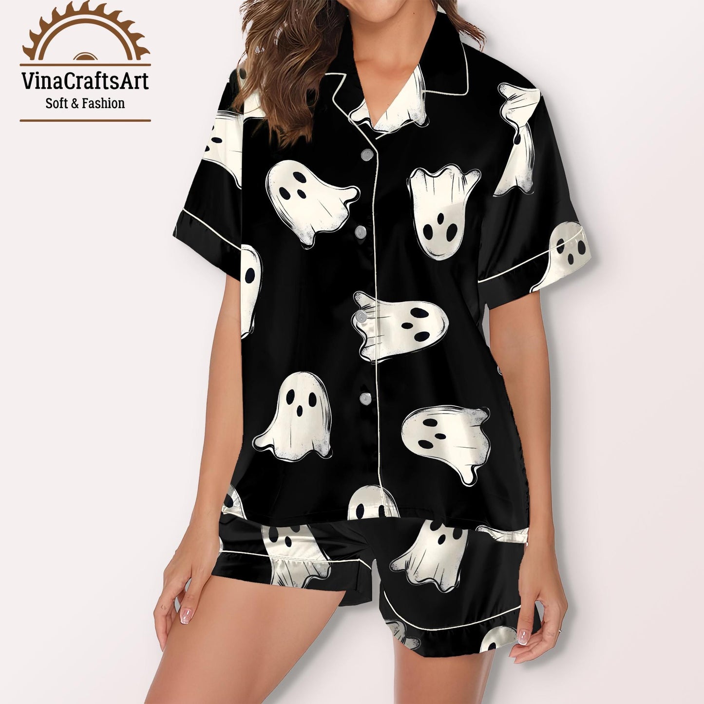 Halloween Ghost Pajamas Set, Spooky Cute Sleepwear for Women, Black Ghost Loungewear, Cozy Fall PJ Gift for Her, Halloween Aesthetic