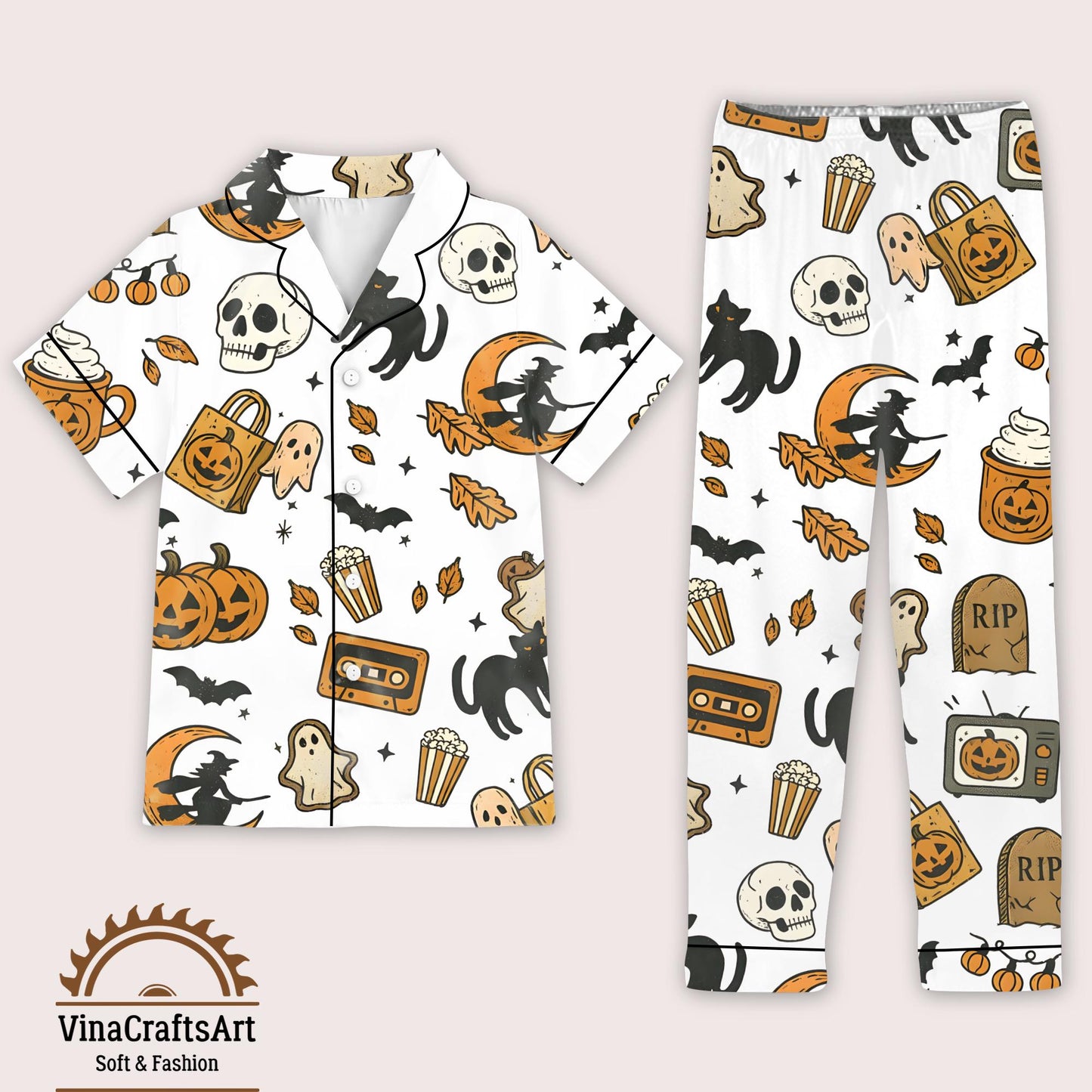Halloween Pumpkin Pajamas Set, Pumpkin Ghost Witch Cat Print Sleepwear, Spooky Cute Loungewear, Spooky Season Pajamas Set