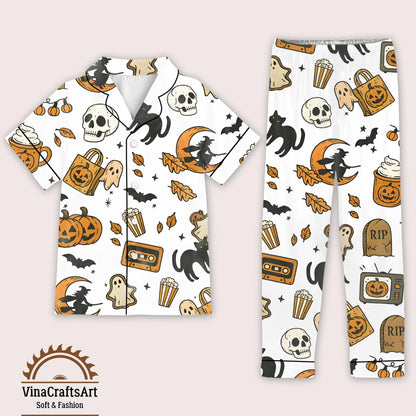 Halloween Pumpkin Pajamas Set, Pumpkin Ghost Witch Cat Print Sleepwear, Spooky Cute Loungewear, Spooky Season Pajamas Set