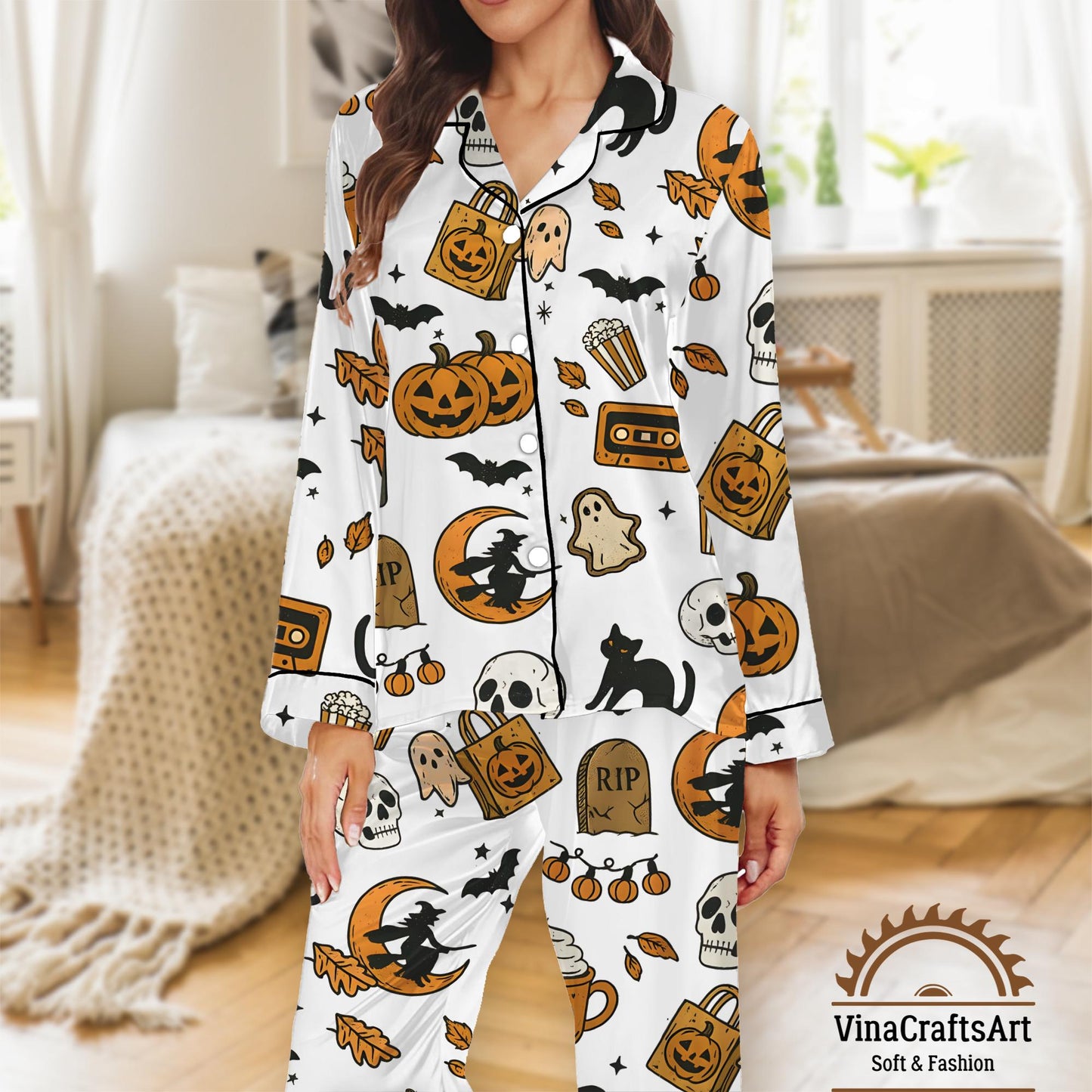 Halloween Pumpkin Pajamas Set, Pumpkin Ghost Witch Cat Print Sleepwear, Spooky Cute Loungewear, Spooky Season Pajamas Set