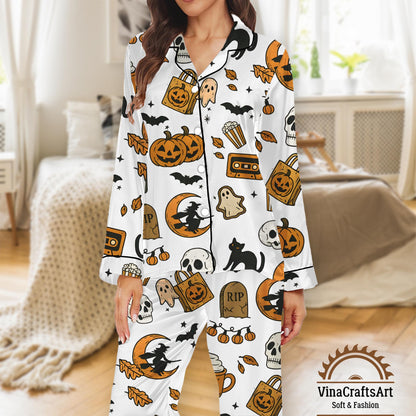 Halloween Pumpkin Pajamas Set, Pumpkin Ghost Witch Cat Print Sleepwear, Spooky Cute Loungewear, Spooky Season Pajamas Set