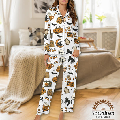 Halloween Pumpkin Pajamas Set, Pumpkin Ghost Witch Cat Print Sleepwear, Spooky Cute Loungewear, Spooky Season Pajamas Set