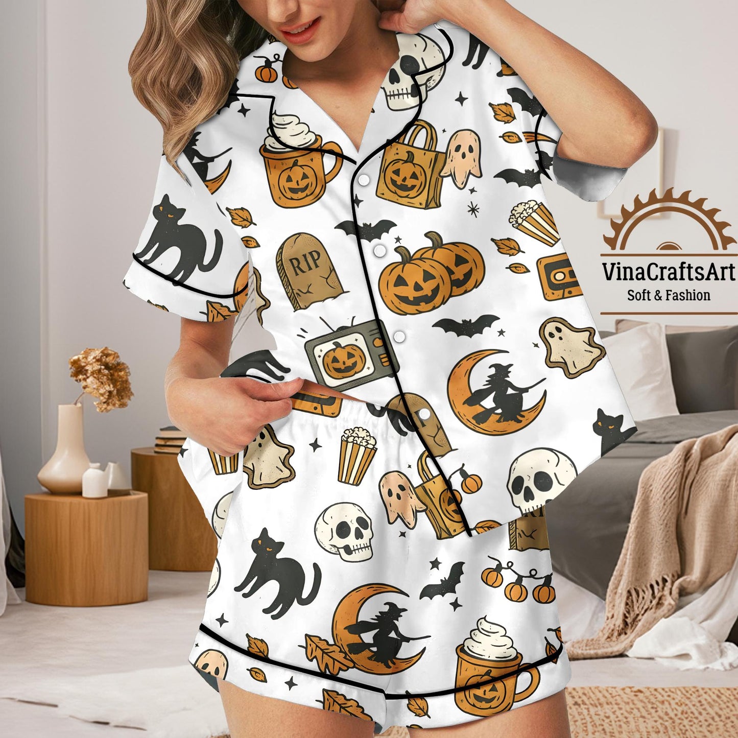 Halloween Pumpkin Pajamas Set, Pumpkin Ghost Witch Cat Print Sleepwear, Spooky Cute Loungewear, Spooky Season Pajamas Set