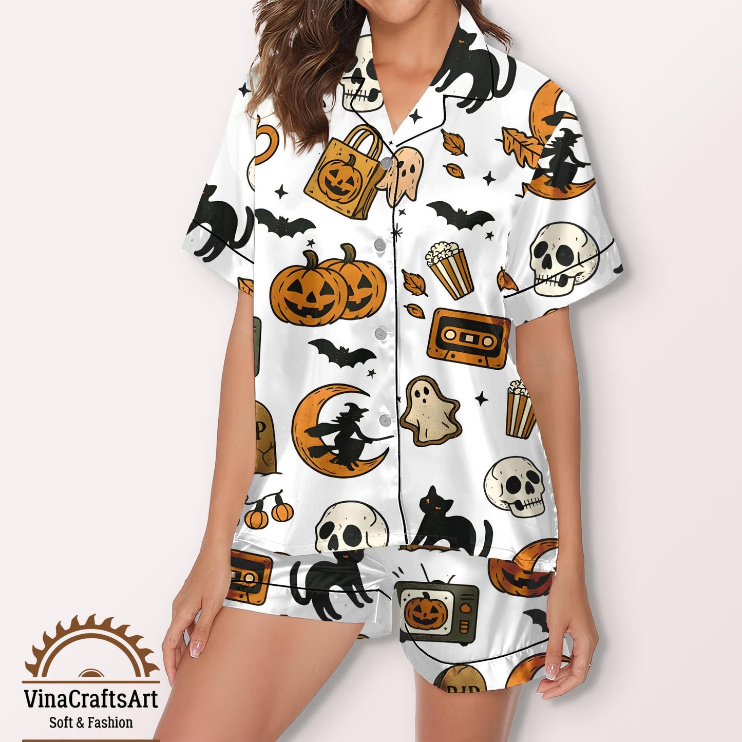 Halloween Pumpkin Pajamas Set, Pumpkin Ghost Witch Cat Print Sleepwear, Spooky Cute Loungewear, Spooky Season Pajamas Set