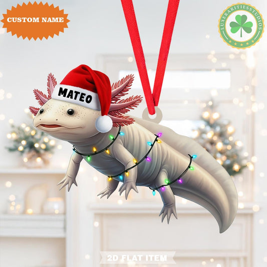 Custom Name Axolotl With Christmas Lights Ornament, Xmas Tree Decor, 2D Flat Ornament, Axolotl Lover Gift, Christmas Gift