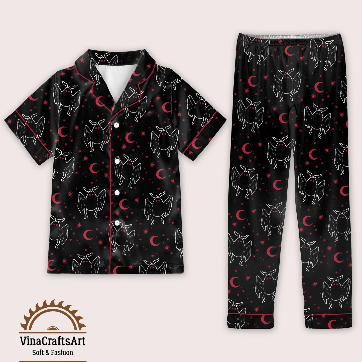Gothic Pajamas Set, Dark Angel Moon Print Sleepwear, Occult Inspired Black Red Pajamas Set, Spooky Cute Loungewear Short & Long for Women