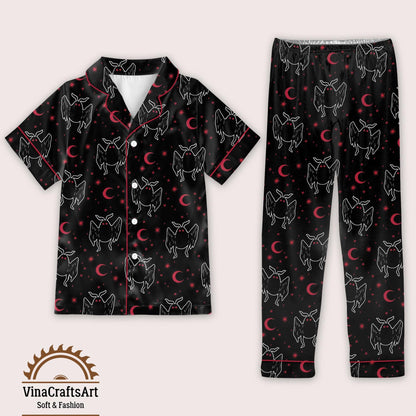 Gothic Pajamas Set, Dark Angel Moon Print Sleepwear, Occult Inspired Black Red Pajamas Set, Spooky Cute Loungewear Short & Long for Women