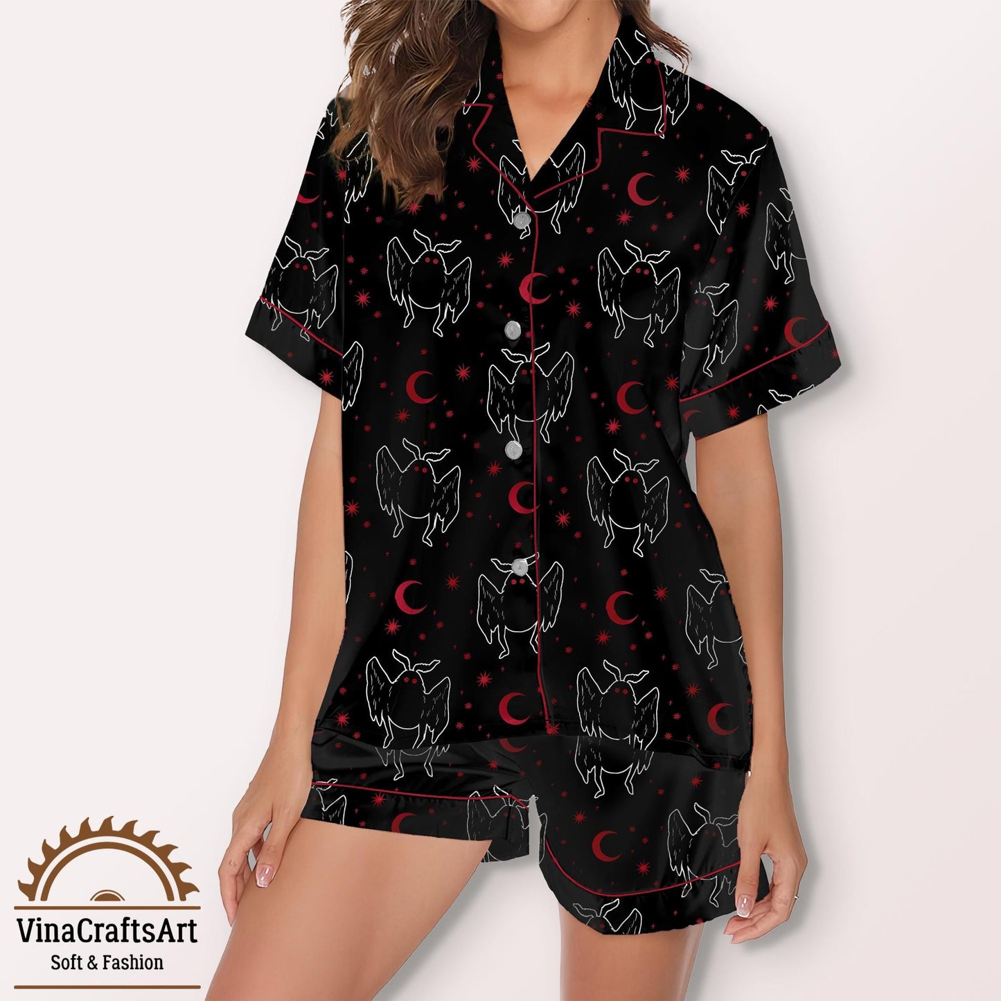 Gothic Pajamas Set, Dark Angel Moon Print Sleepwear, Occult Inspired Black Red Pajamas Set, Spooky Cute Loungewear Short & Long for Women