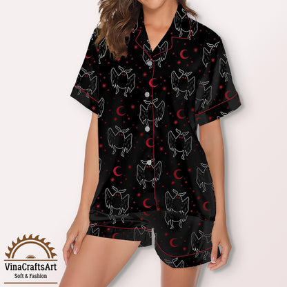 Gothic Pajamas Set, Dark Angel Moon Print Sleepwear, Occult Inspired Black Red Pajamas Set, Spooky Cute Loungewear Short & Long for Women
