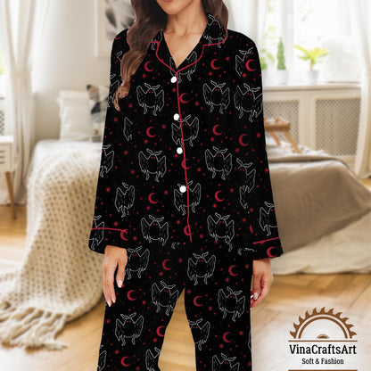 Gothic Pajamas Set, Dark Angel Moon Print Sleepwear, Occult Inspired Black Red Pajamas Set, Spooky Cute Loungewear Short & Long for Women