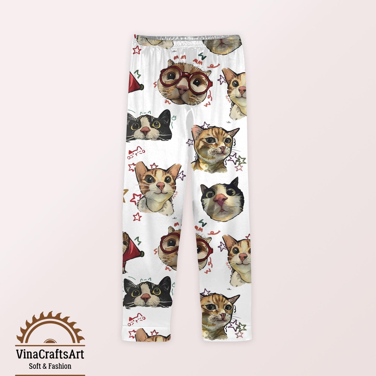 Cartoon Cat Pajamas Set, Cute Kitty Print Sleepwear, Funny Cat Lover Gift Pajamas Set, Cozy Long & Short Sleeve Loungewear