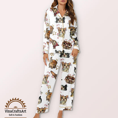 Cartoon Cat Pajamas Set, Cute Kitty Print Sleepwear, Funny Cat Lover Gift Pajamas Set, Cozy Long & Short Sleeve Loungewear