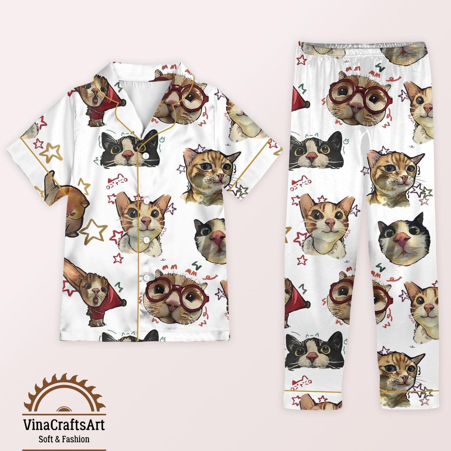 Cartoon Cat Pajamas Set, Cute Kitty Print Sleepwear, Funny Cat Lover Gift Pajamas Set, Cozy Long & Short Sleeve Loungewear