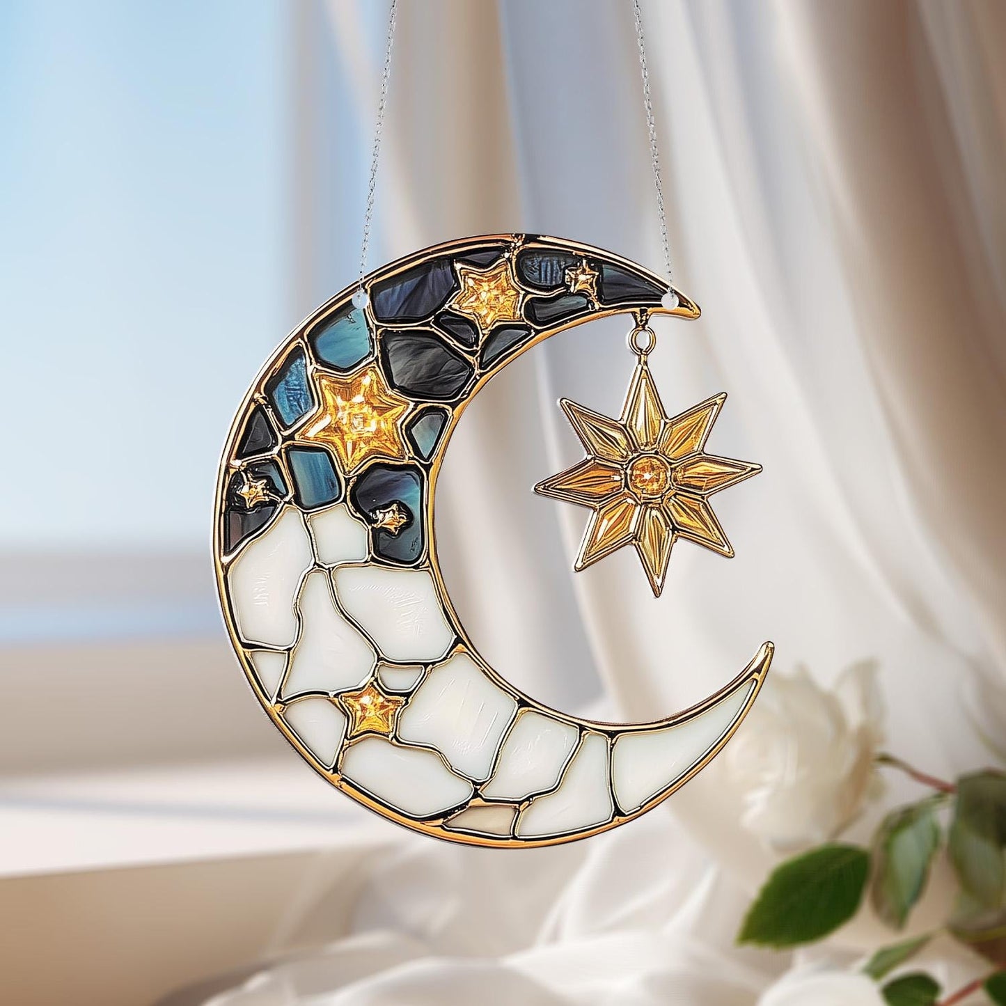 Crescent Moon and Star Window Hanging, Celestial Home Décor Accent with Blue and Gold Details for Magical and Whimsical Room Style