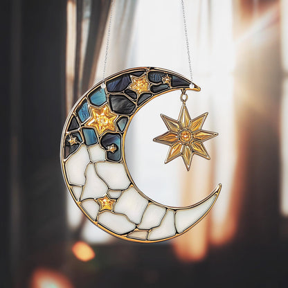 Crescent Moon and Star Window Hanging, Celestial Home Décor Accent with Blue and Gold Details for Magical and Whimsical Room Style