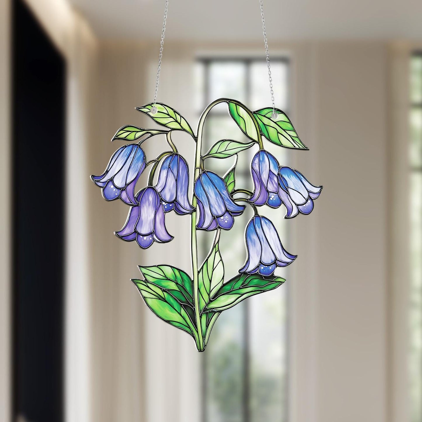 Bluebell Flower Window Hanging Decoration, Elegant Floral Home Décor Accent with Delicate Petals and Green Leaves for Fresh Natural Style