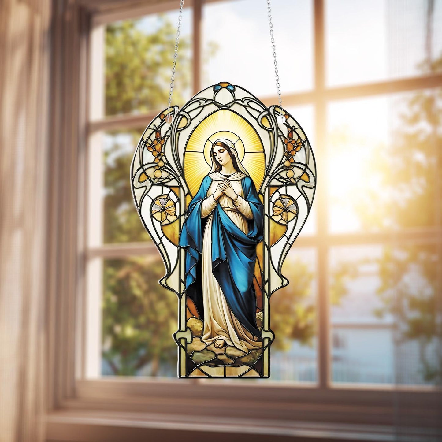 Virgin Mary Window Hanging Decoration, Sacred Religious Art Piece with Radiant Halo and Blue Robe for Spiritual Home, Christian Faith Décor