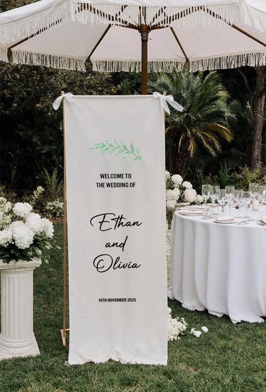 Custom Wedding Welcome Sign, Fabric Wedding Banner, Personalized Ceremony Sign, Modern Linen Wedding Decor, Engagement Party Decoration