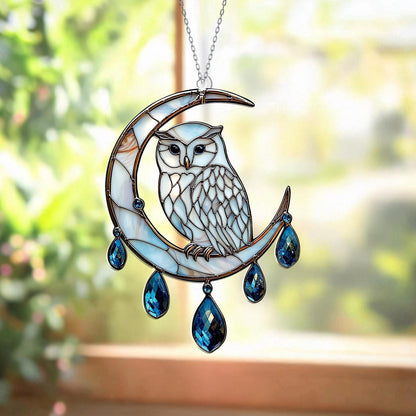 Owl on Crescent Moon Window Hanging with Sparkling Blue Crystal Drops – Decorative Window Ornament, Unique Gift for Home Decor
