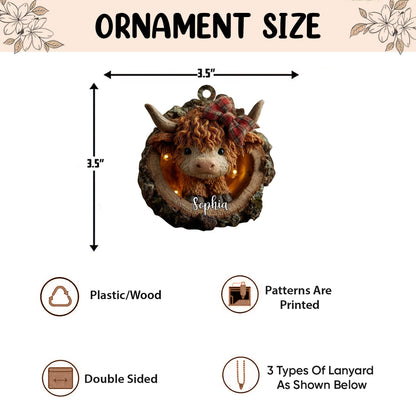 Personalized Highland Cow 2D Flat Ornament, Custom Name Christmas Tree Ornament, Farmhouse Christmas Home Decor, Gift for Highland Cow Lover