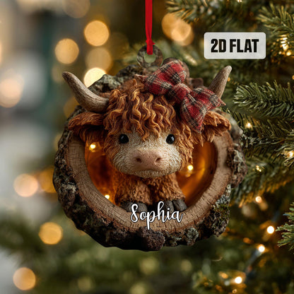 Personalized Highland Cow 2D Flat Ornament, Custom Name Christmas Tree Ornament, Farmhouse Christmas Home Decor, Gift for Highland Cow Lover