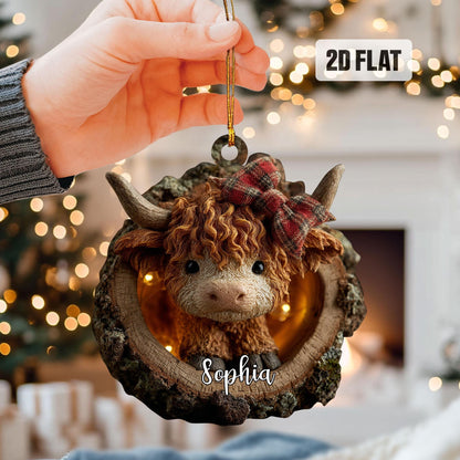 Personalized Highland Cow 2D Flat Ornament, Custom Name Christmas Tree Ornament, Farmhouse Christmas Home Decor, Gift for Highland Cow Lover