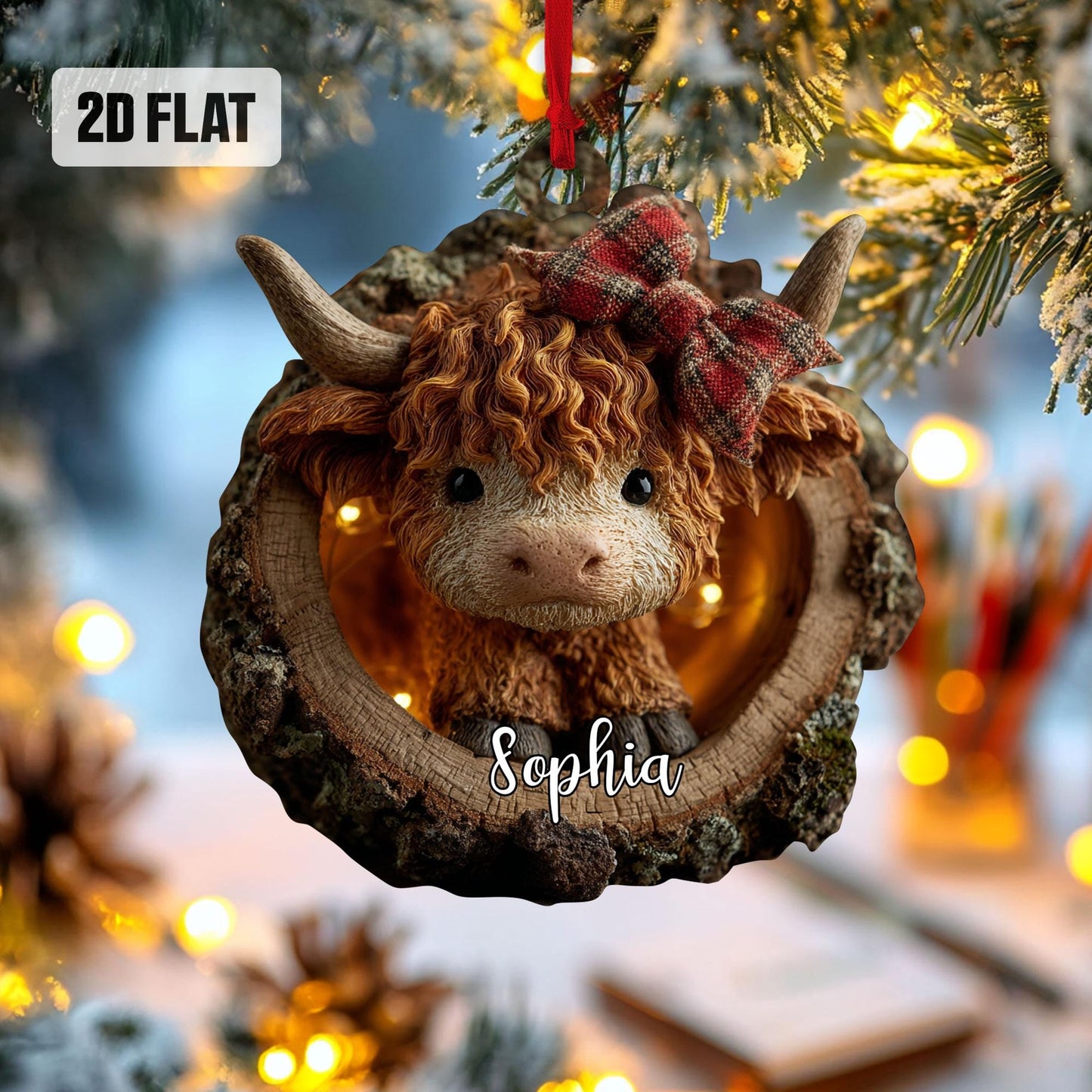 Personalized Highland Cow 2D Flat Ornament, Custom Name Christmas Tree Ornament, Farmhouse Christmas Home Decor, Gift for Highland Cow Lover