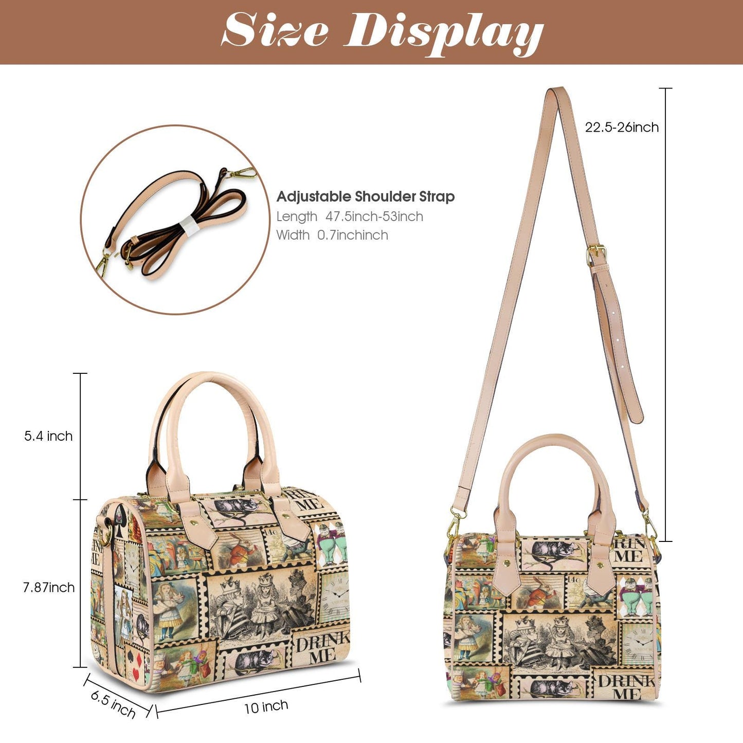 Alice in Wonderland Vintage Inspired Boston Handbag, Faux Leather Handbag, Top Handle Vegan Leather, Shoulder bag, Tote Bag.