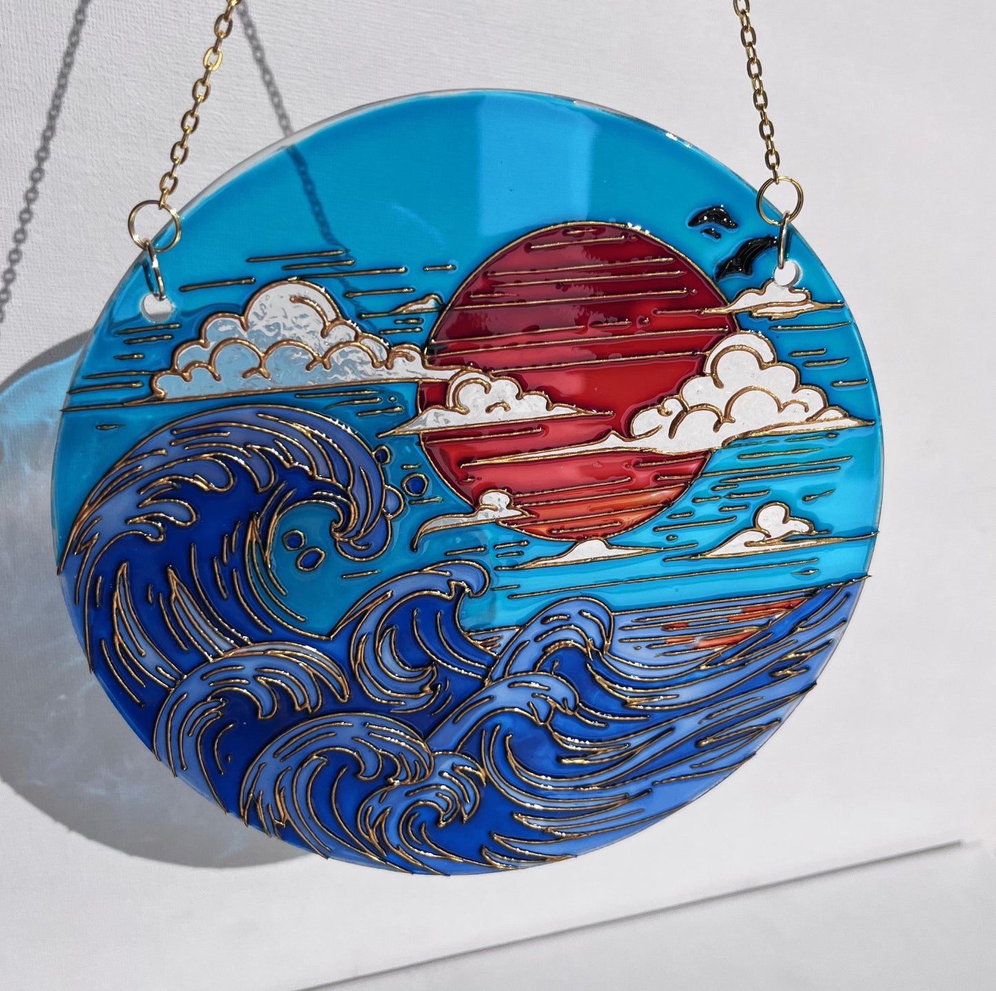 Stained glass Japanese decor-Sunset Sea Sun Cloud-Suncatcher for window-Living room decor-Vacation memories