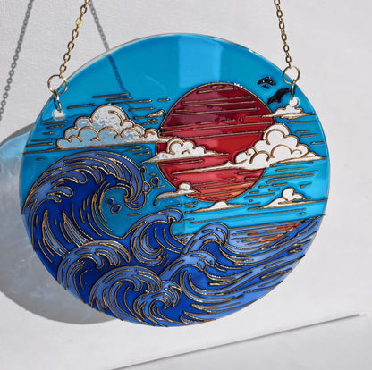 Stained glass Japanese decor-Sunset Sea Sun Cloud-Suncatcher for window-Living room decor-Vacation memories