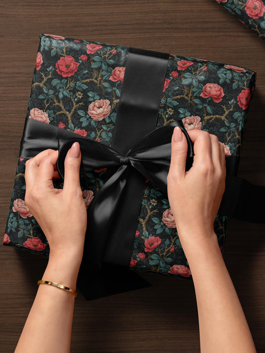 Vintage Botanical Wrapping Paper Dark Floral Gift Wrap Rose Wrapping Paper Vintage Rose Paper Cottagecore Gift Wrap Floral Gift Wrap Paper