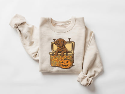 Brown Lab Halloween Sweatshirt, Dog in Camo Cooler Shirt with Pumpkin Face, Fall Hunting Dog Shirt,Southern Spooky Halloween Tee