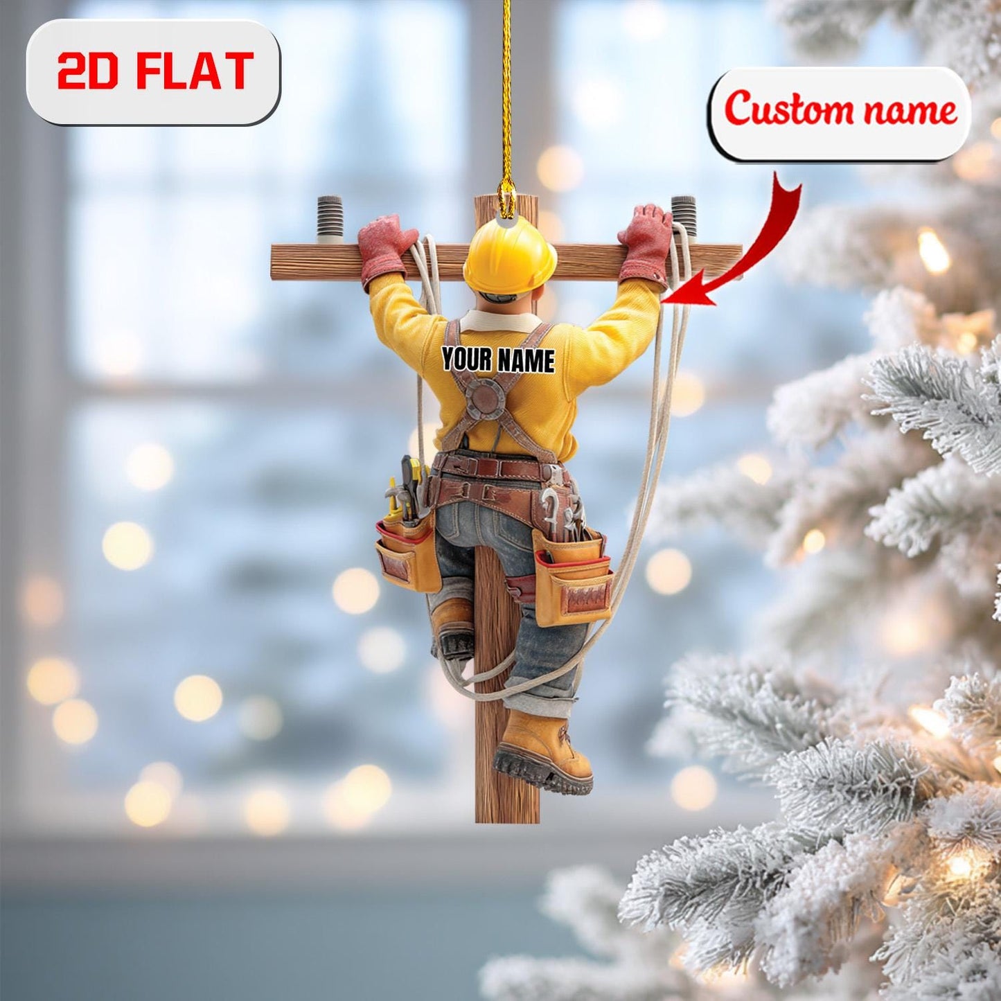 2D Flat Lineman Ornament, Personalized Electrician Gift, Custom Name Power Lineman Decor, Utility Worker Christmas Ornament Keepsake