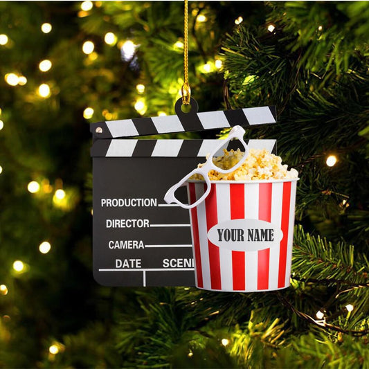 Personalized Film Clapboard with popcorn Ornament, Christmas Gift For Watching Movie Lover, Xmas Tree Decor