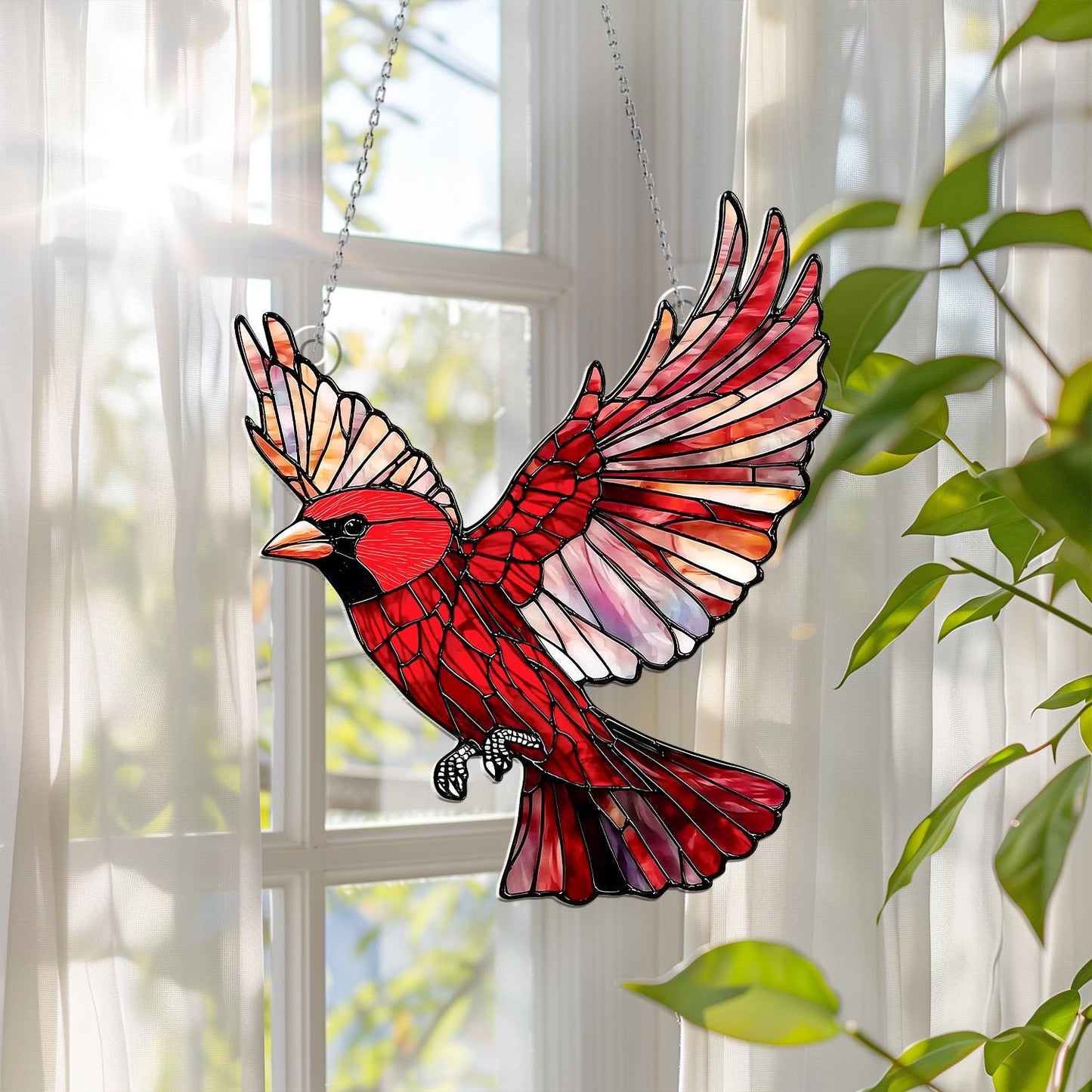 Cardinal Window Hanging Sun Catcher – Red Bird Acrylic Window Art Decoration for Home, Living Room, Kitchen or Garden Gift Idea